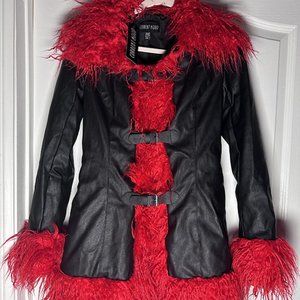 🖤❤️ Coachella COAT Rocker Black vegan leather and Red Faux Fur Jacket